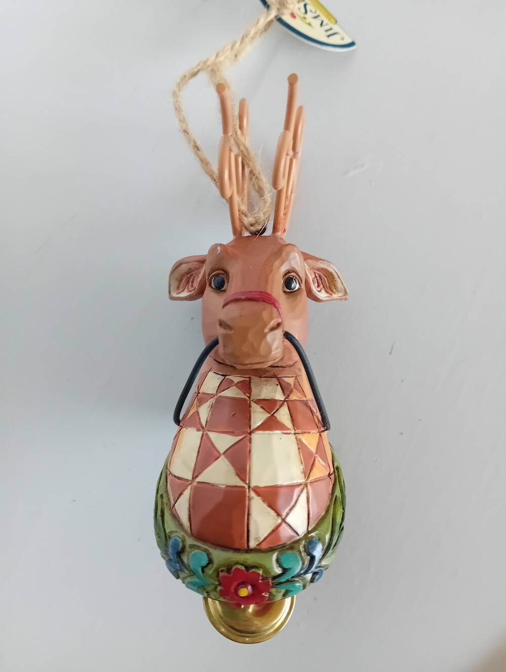 Jim Shore Peach and Green Deer Ornament with Gold Bell 2009 Enesco